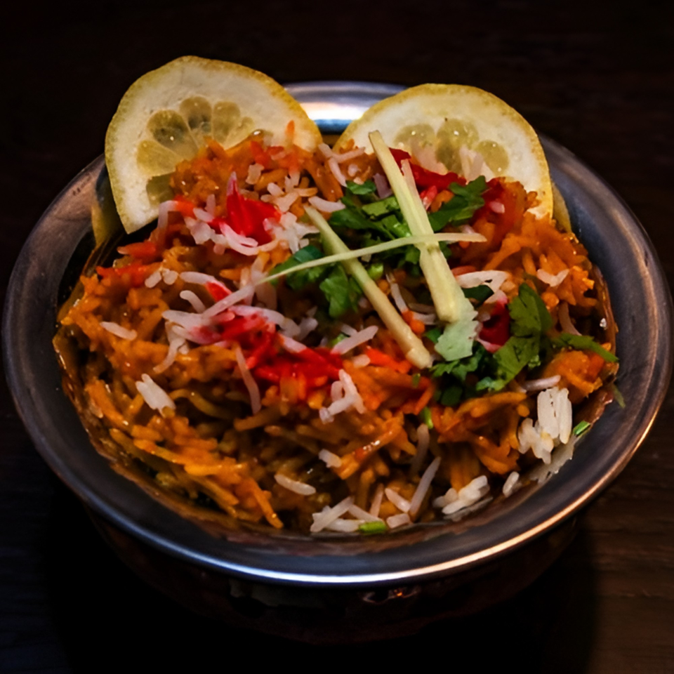 Indian biryani with rice, spices, herbs, and lemon slices in a metal bowl.